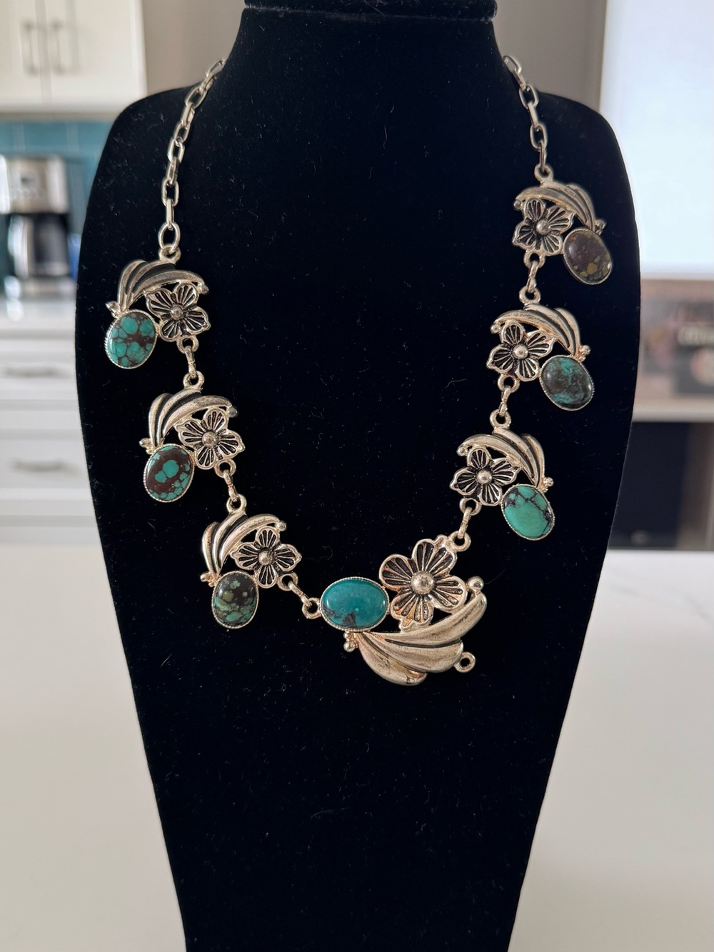 Silver Floral Turquoise Stone Necklace